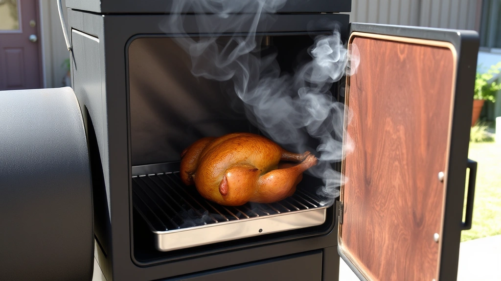 An outdoor smoker with the door open showing smoke billowing out, a whole turkey visible inside on the grates with a golden-brown exterior, set in a backyard during daytime