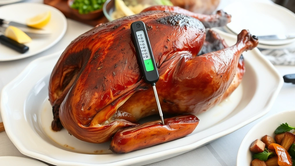 A freshly smoked turkey resting on a white ceramic platter, with a meat thermometer inserted into the thigh, steam rising from the bird's surface, surrounded by serving utensils and garnishes