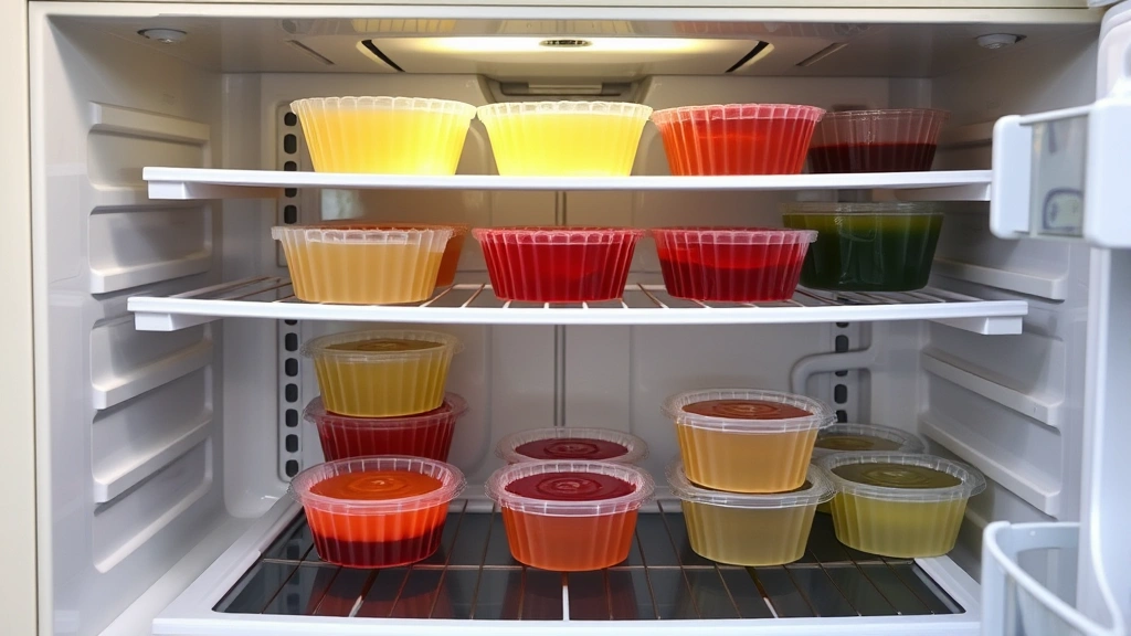 Kitchen scene with an open refrigerator showing multiple jello molds on shelves in various stages of setting, some opaque and some translucent
