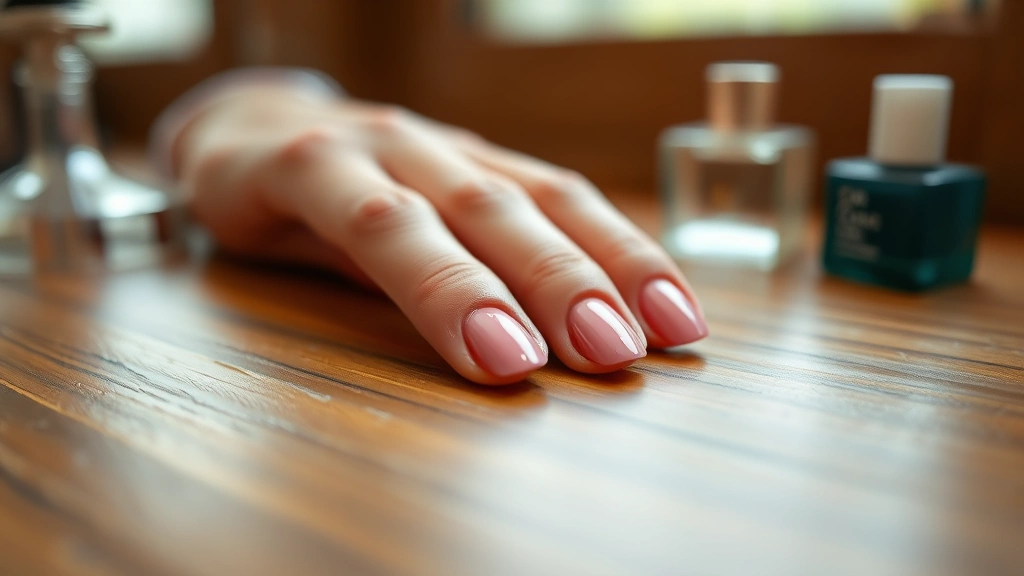Close-up of freshly painted nails with glossy finish on a wooden vanity table, soft natural lighting highlighting the polish shine