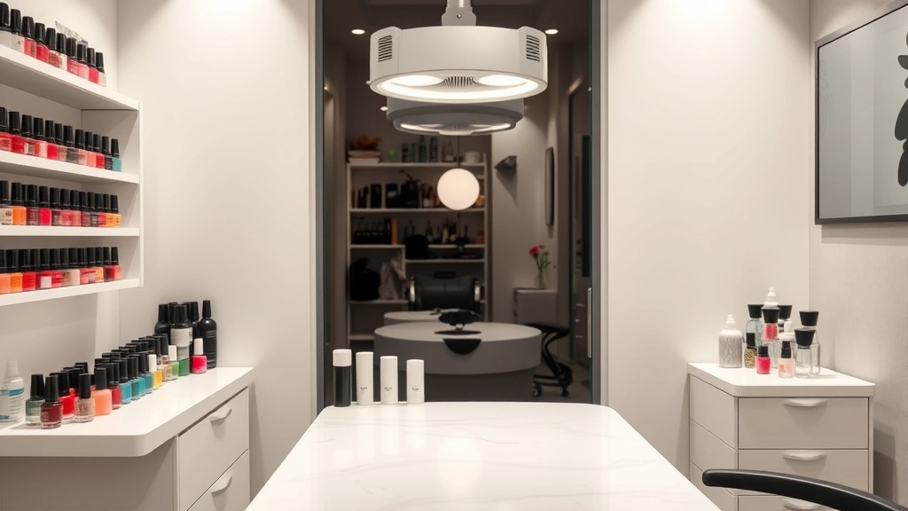 Professional nail salon setup with ventilation fan running, polish bottles neatly arranged, manicure station with good lighting and air circulation visible