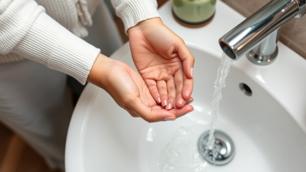 Person holding hands under a gentle stream of cool water over a bathroom sink, nails freshly painted in neutral tone