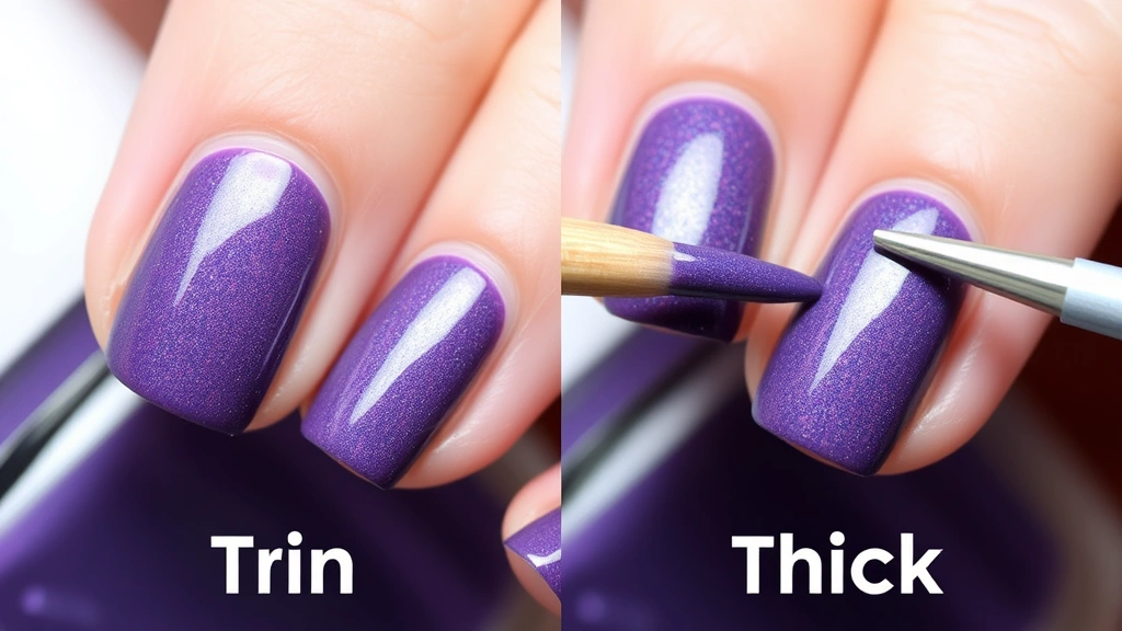 Side-by-side comparison of thin versus thick nail polish application on nail beds, showing different coverage levels and application techniques with brushes