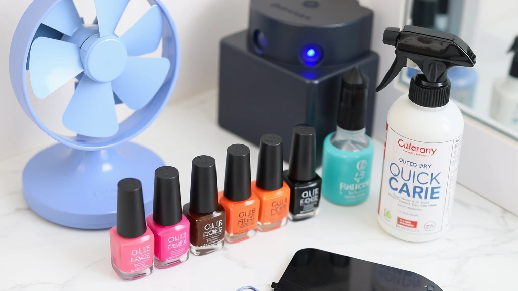 Organized nail care station with fan, nail polish bottles, top coat, and quick-dry spray arranged on white marble surface