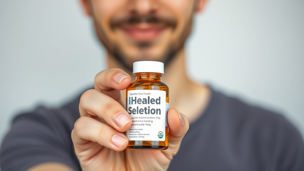 Person holding medicine bottle with relief expression, healthcare and wellness concept, no text no words no letters