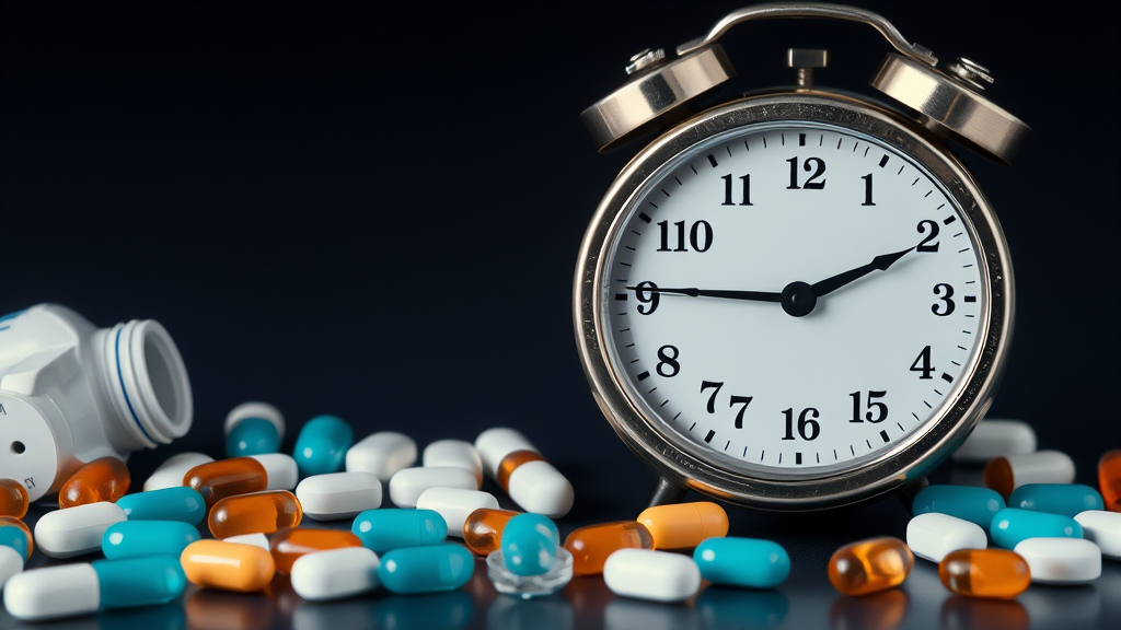 Clock and medicine tablets showing time progression, pharmaceutical timing concept, no text no words no letters