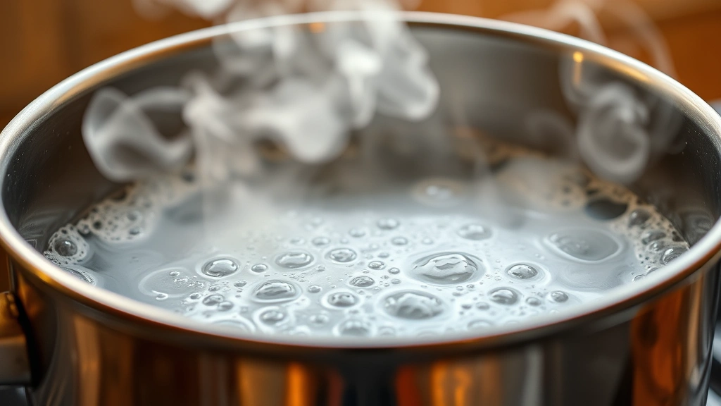 Close-up of water in a stainless steel pot with steam rising, showing the moment bubbles begin forming on the bottom and sides, warm kitchen lighting