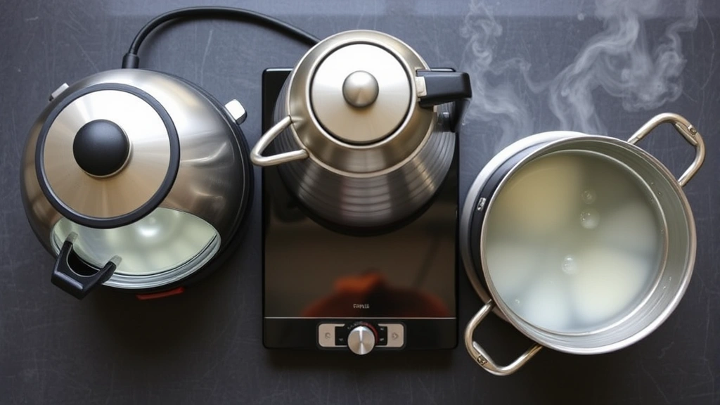 Overhead view of multiple heating vessels side by side: electric kettle, stovetop kettle, and cooking pot, all with water at different stages of heating