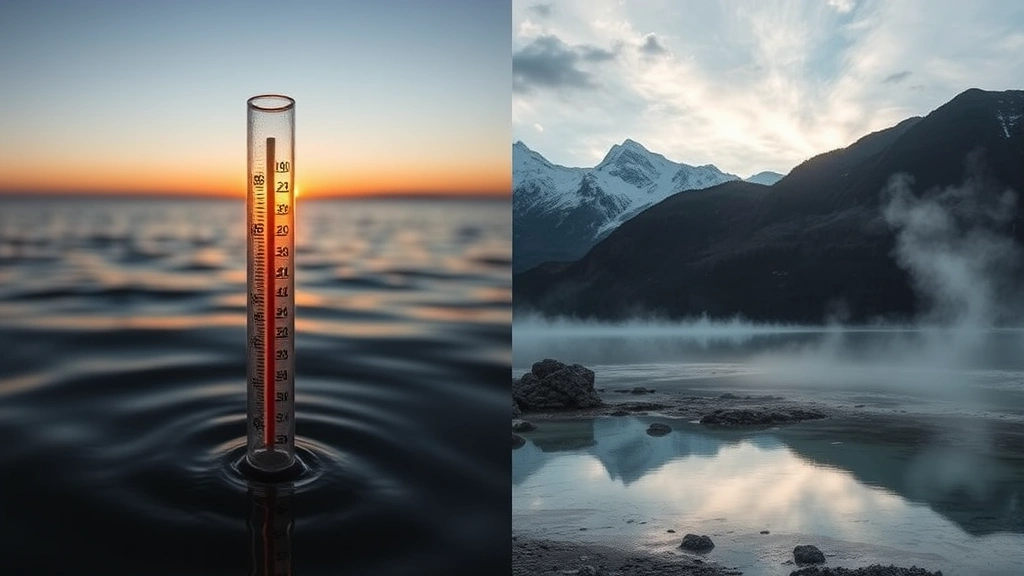 Split-screen comparison showing a thermometer in boiling water at sea level on one side and mountain landscape with lower boiling water on the other side