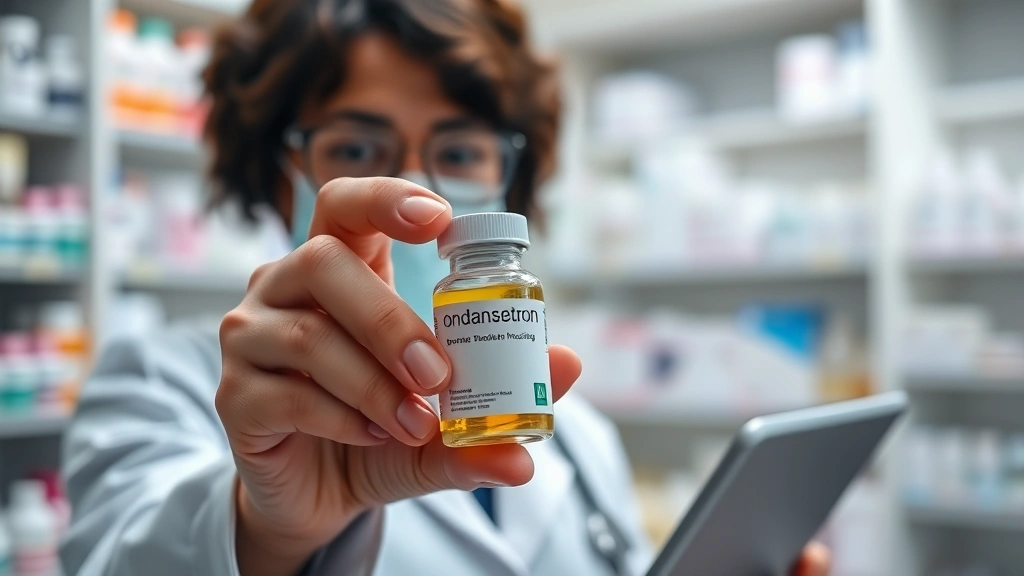 Pharmacist holding ondansetron medication bottle in modern pharmacy setting with shelves of medicines in background, professional lighting