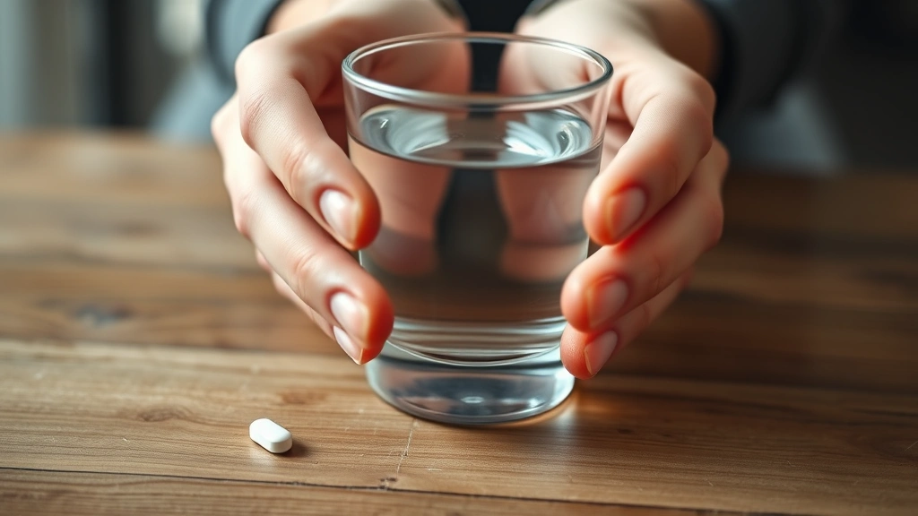 Close-up of hands holding a glass of water with an oral medication tablet nearby on wooden surface, natural daylight