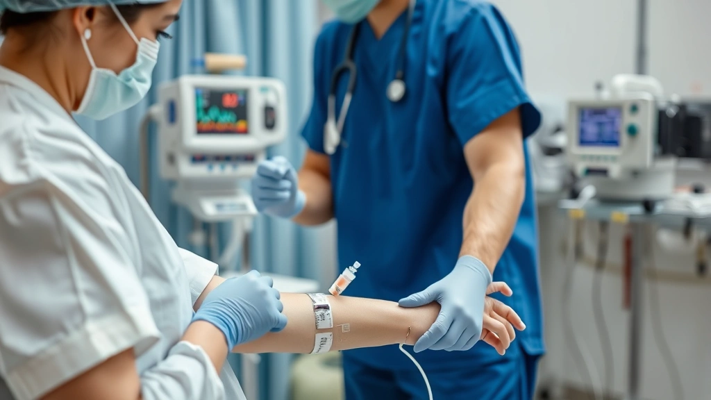Medical professional administering IV medication through patient's arm in clinical hospital environment with monitors visible