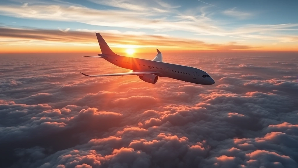 Modern commercial aircraft Boeing 787 cruising at high altitude over Atlantic Ocean with sunrise visible on horizon, dramatic clouds below