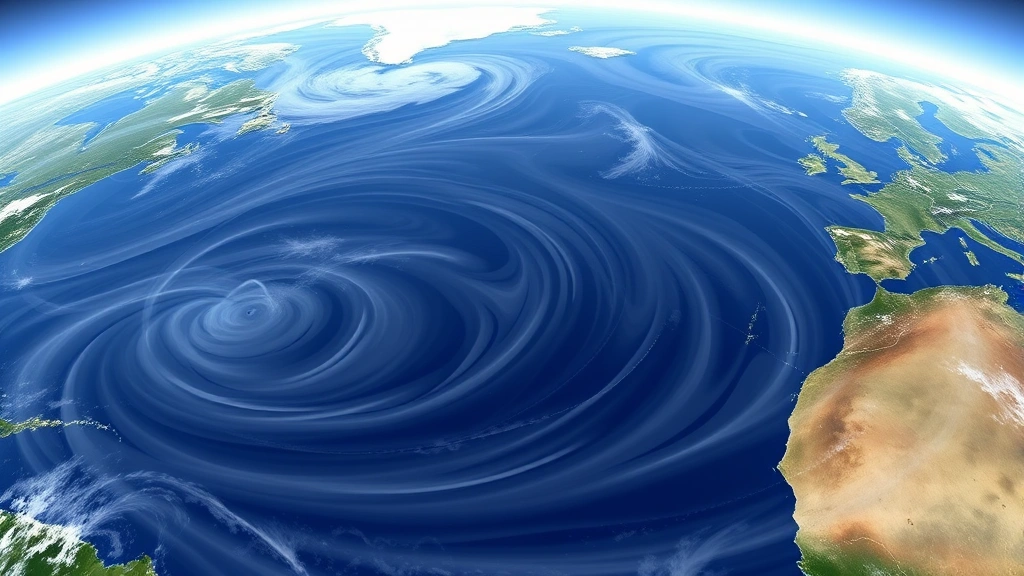 Jet stream visualization showing high-altitude wind patterns over Atlantic Ocean between North America and Europe, swirling air currents