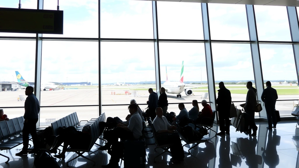 International airport departure lounge with passengers waiting at gate, large windows showing aircraft and runway in background