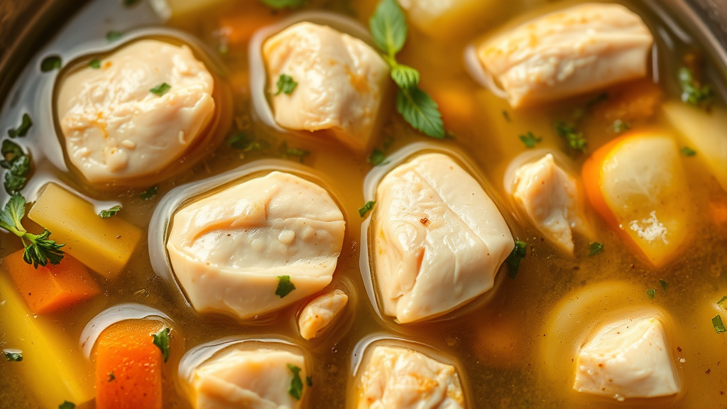 Perfectly cooked tender chicken pieces in clear broth with herbs and vegetables, steam rising, no text no words no letters