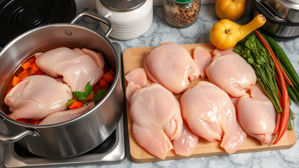 Raw chicken pieces arranged next to cooking pot with vegetables and herbs on kitchen counter, no text no words no letters