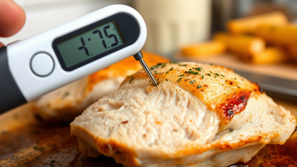 Digital meat thermometer inserted into cooked chicken breast showing temperature reading, kitchen background, no text no words no letters