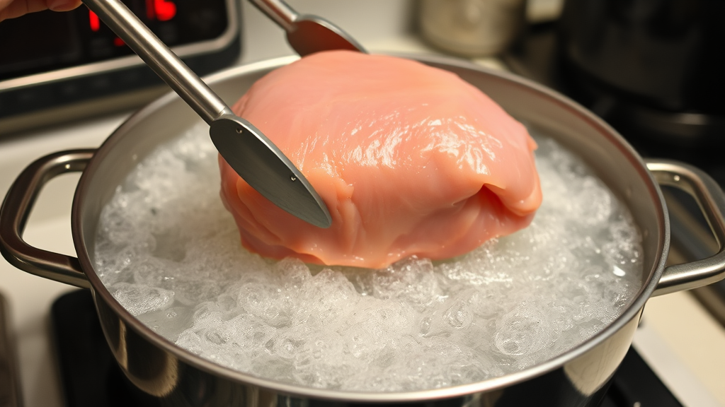 Raw chicken breast being lowered into bubbling boiling water with tongs, kitchen setting with timer visible, no text no words no letters