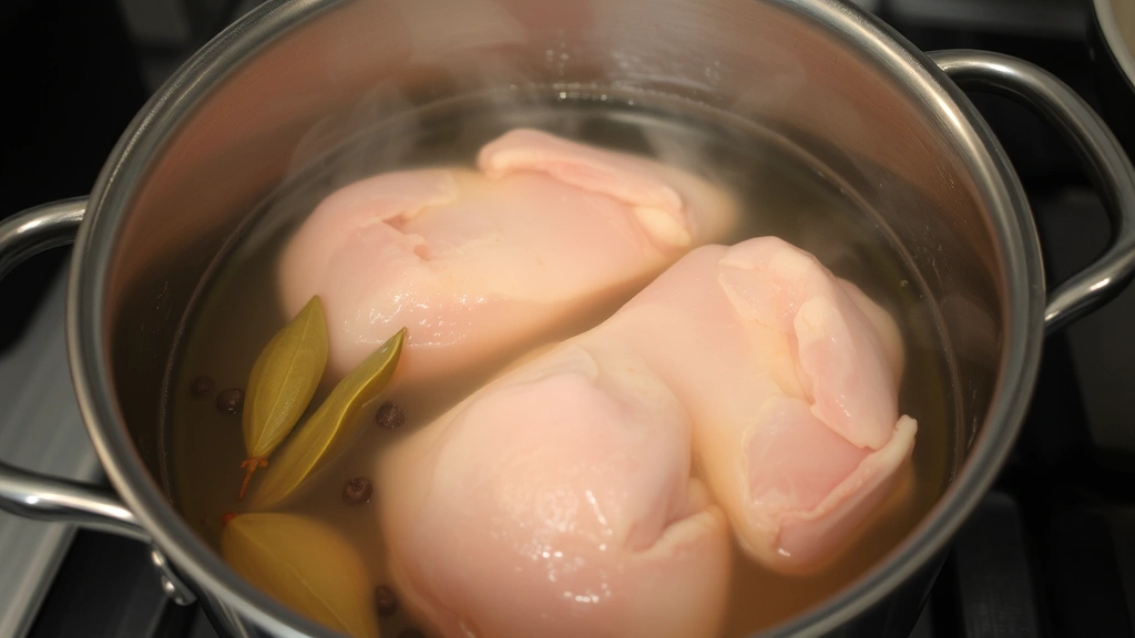 A stainless steel pot filled with water and raw bone-in chicken thighs submerged, bay leaves and peppercorns visible in clear broth, steam rising gently