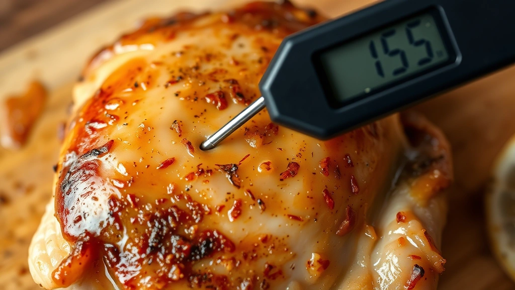 Close-up of a meat thermometer inserted into a cooked chicken thigh showing 165 degrees, golden-brown meat with clear juices, wooden cutting board background