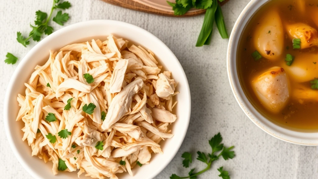 Overhead view of shredded cooked chicken thighs in a white ceramic bowl, with separated chicken pieces and steaming broth in another bowl beside it, fresh herbs scattered nearby