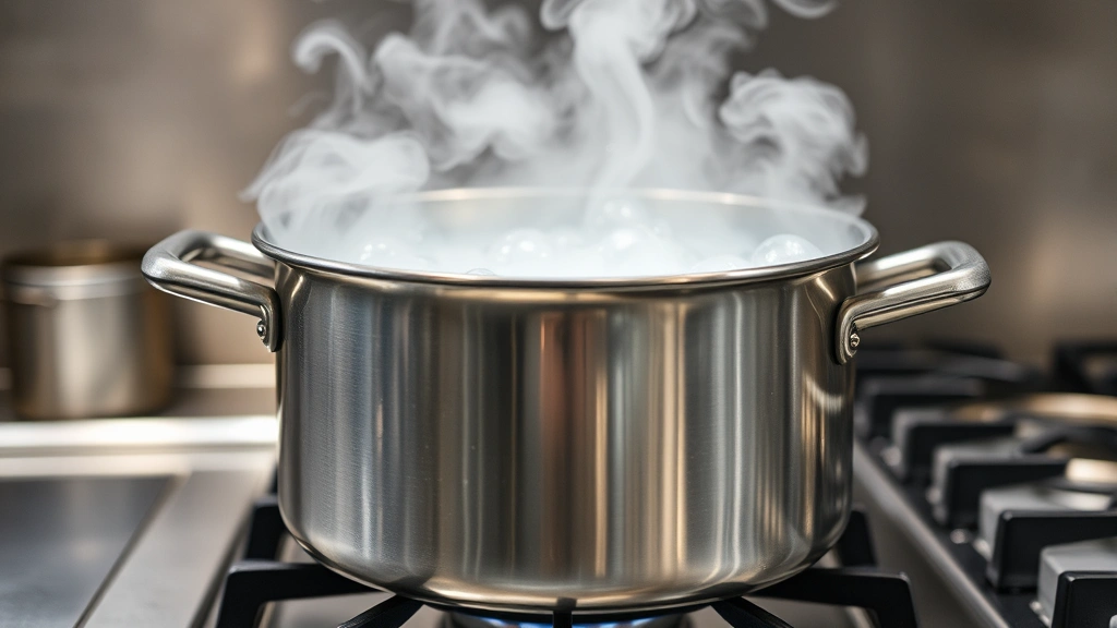 A large stainless steel pot filled with rolling boiling water on a professional kitchen stovetop, steam rising dramatically