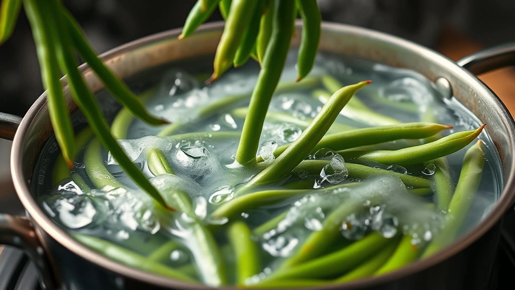 Vibrant green beans being gently lowered into a pot of rolling boiling water with steam rising, captured from above showing the action and movement