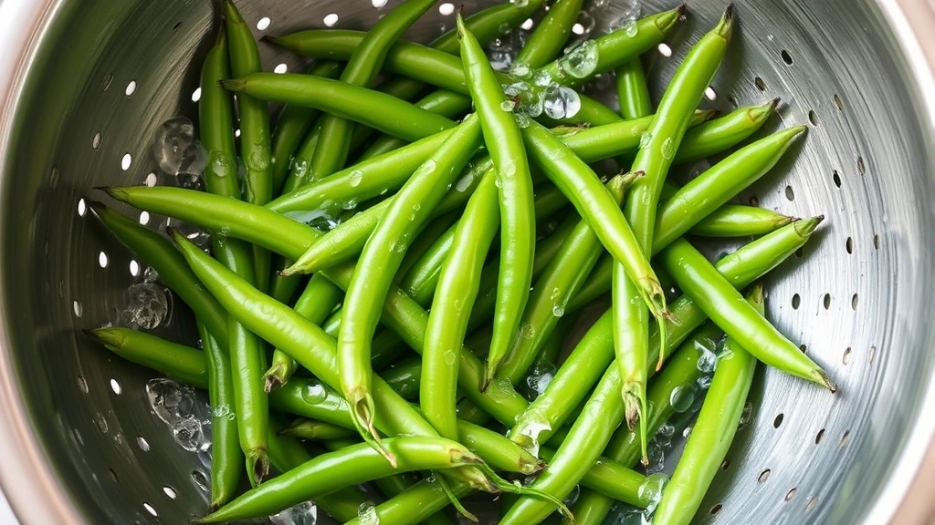 Perfectly cooked bright green beans draining in a stainless steel colander, with water flowing through, showing the ideal color and texture of al dente beans