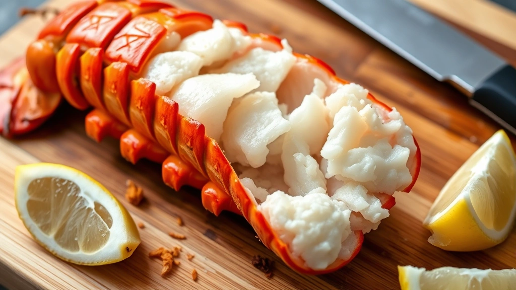 Close-up of a perfectly cooked lobster tail cut in half lengthwise showing opaque white meat against the shell, placed on a wooden cutting board with lemon wedges nearby
