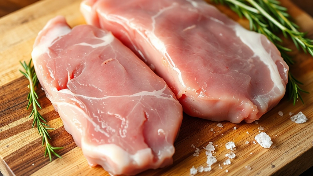 Close-up of raw pork chops on a wooden cutting board with fresh rosemary sprigs and sea salt crystals scattered nearby, natural daylight