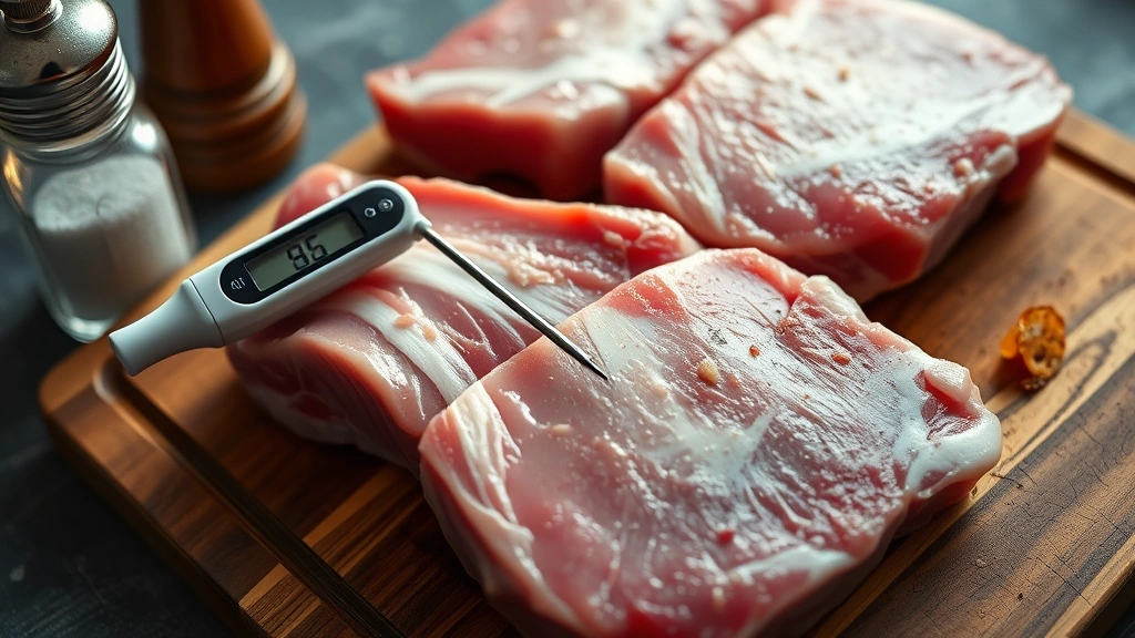 Close-up of raw pork chops on a wooden cutting board with a meat thermometer probe inserted, salt and pepper shaker nearby, professional lighting, no text