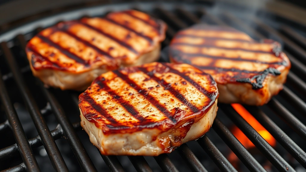 Perfectly seared pork chops on a hot grill grate showing golden-brown caramelized crust and grill marks, smoke wisping from the meat