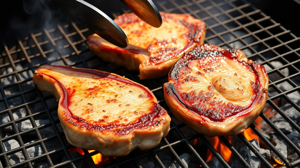 Pork chops sizzling on a hot grill grate with beautiful golden-brown crust and grill marks, charcoal flames visible, tongs positioned above, steam rising, daylight outdoor setting