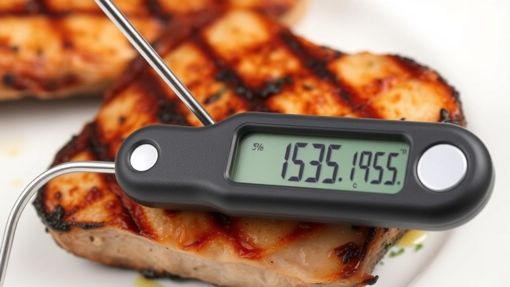 Instant-read meat thermometer inserted into the center of a grilled pork chop showing 145 degrees Fahrenheit, chop resting on a white plate