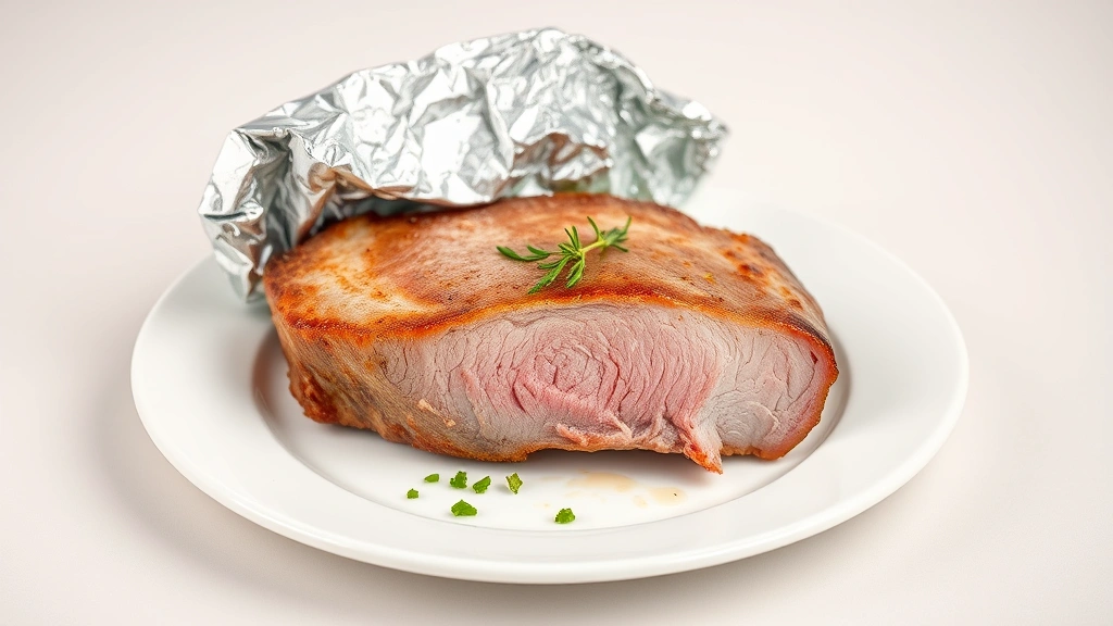 Thick-cut pork chop on a white plate resting with aluminum foil tent, pink center visible from cross-section, garnished with fresh herbs, professional food photography, neutral background