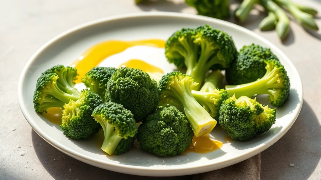 Fresh broccoli florets arranged on a white ceramic plate with olive oil drizzle and coarse sea salt scattered around, natural daylight