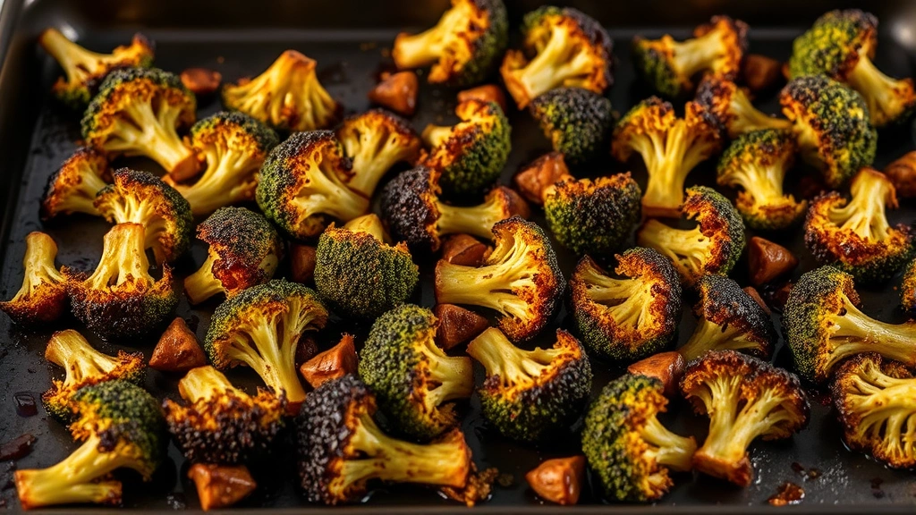 Golden-brown roasted broccoli florets on a dark baking sheet, showing crispy caramelized edges and charred tips, steam rising slightly