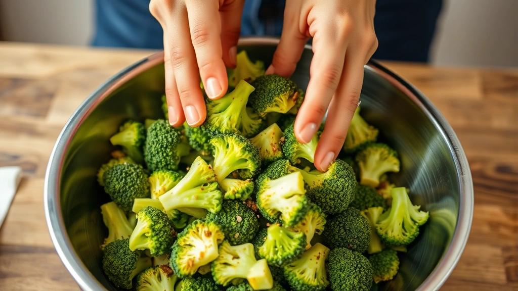 Hands tossing fresh broccoli pieces in a stainless steel bowl with olive oil and seasonings, motion blur showing movement