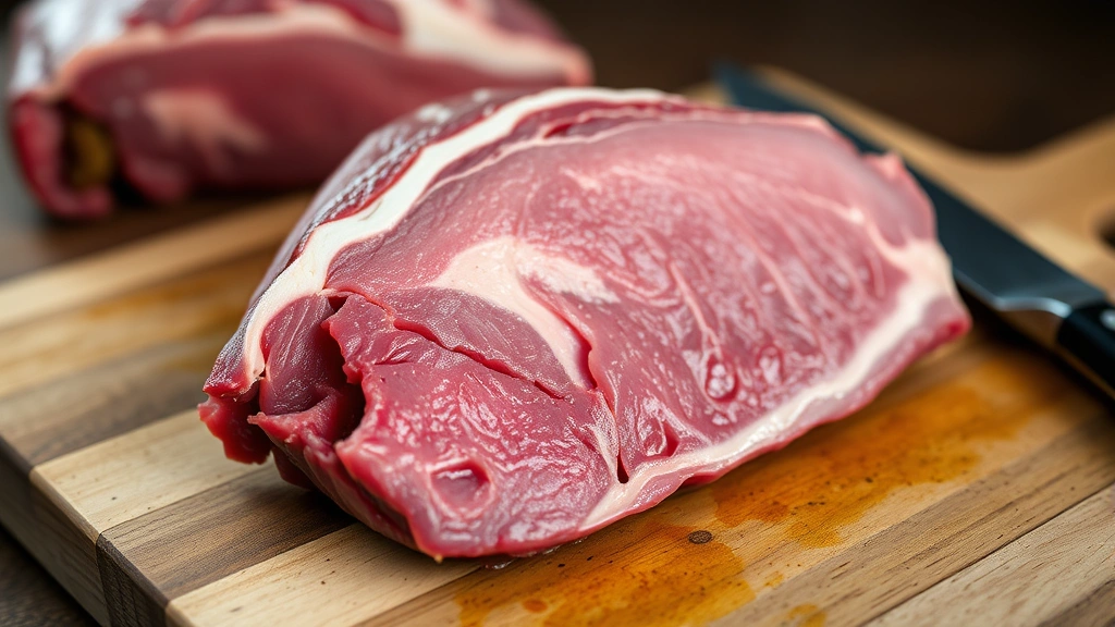 Close-up of raw brisket with fat cap trimmed, resting on a wooden cutting board with a sharp knife nearby, natural lighting