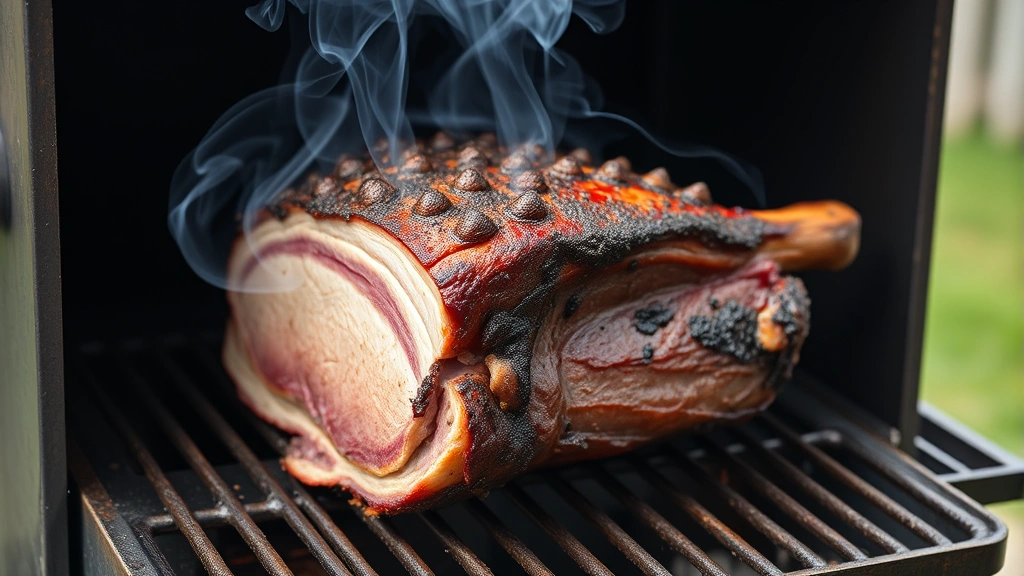 Whole brisket smoking in an offset smoker with thin blue smoke wisping out, meat showing developing bark and smoke ring visible on the edge