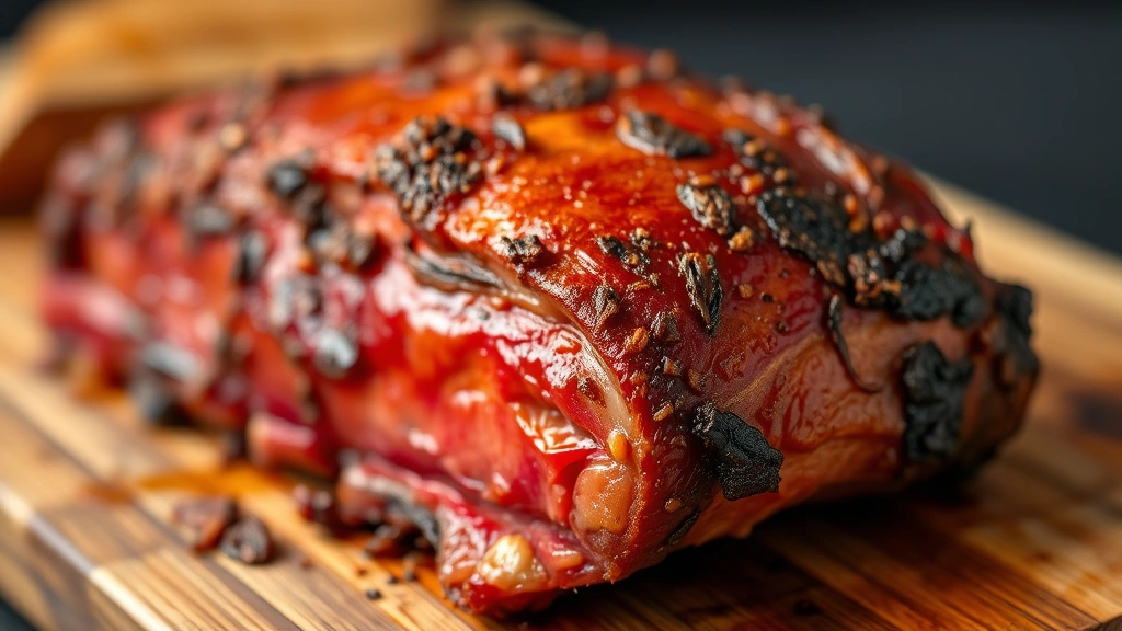 Close-up of a mahogany-colored smoked pork butt with crispy bark on a wooden cutting board, fresh from the smoker