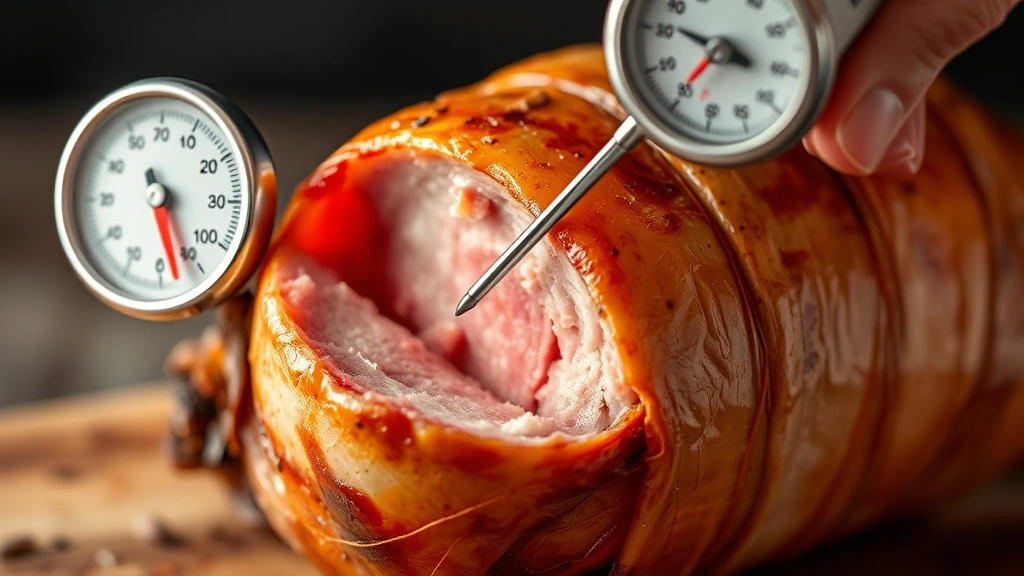 Thermometer probe inserted into the thickest part of a wrapped pork butt, showing internal temperature reading on the dial