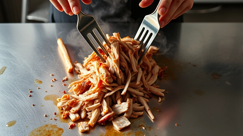 Hands using two forks to shred steaming hot pulled pork on a stainless steel table with smoke wisping upward