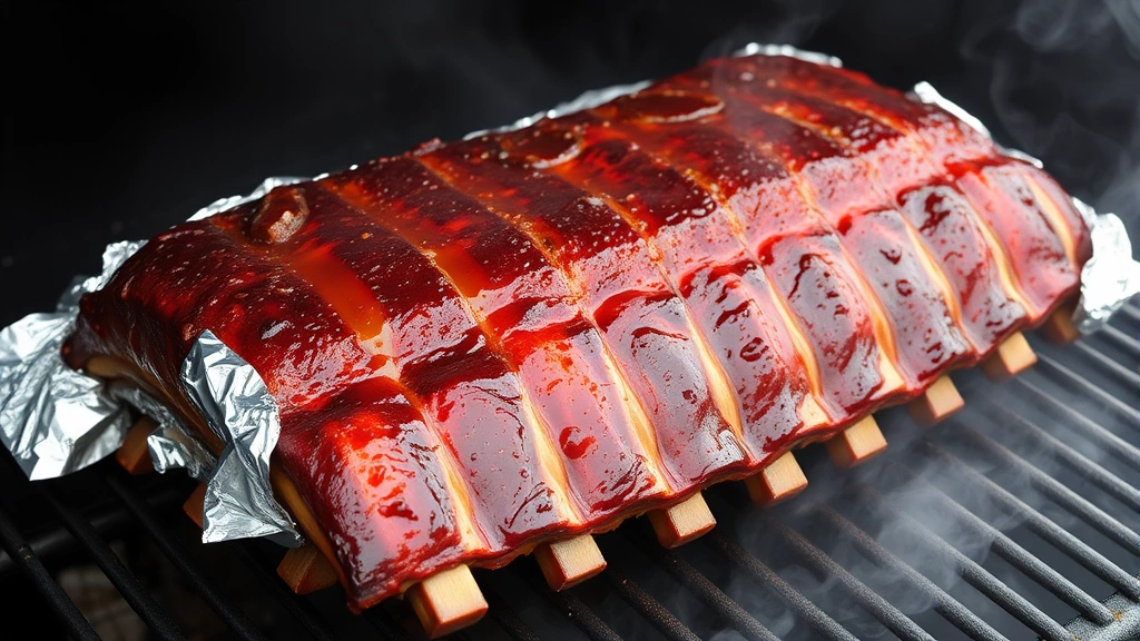 Whole rack of baby back ribs wrapped tightly in aluminum foil with melted butter and brown sugar visible, resting on a smoker grate with smoke wisping around it
