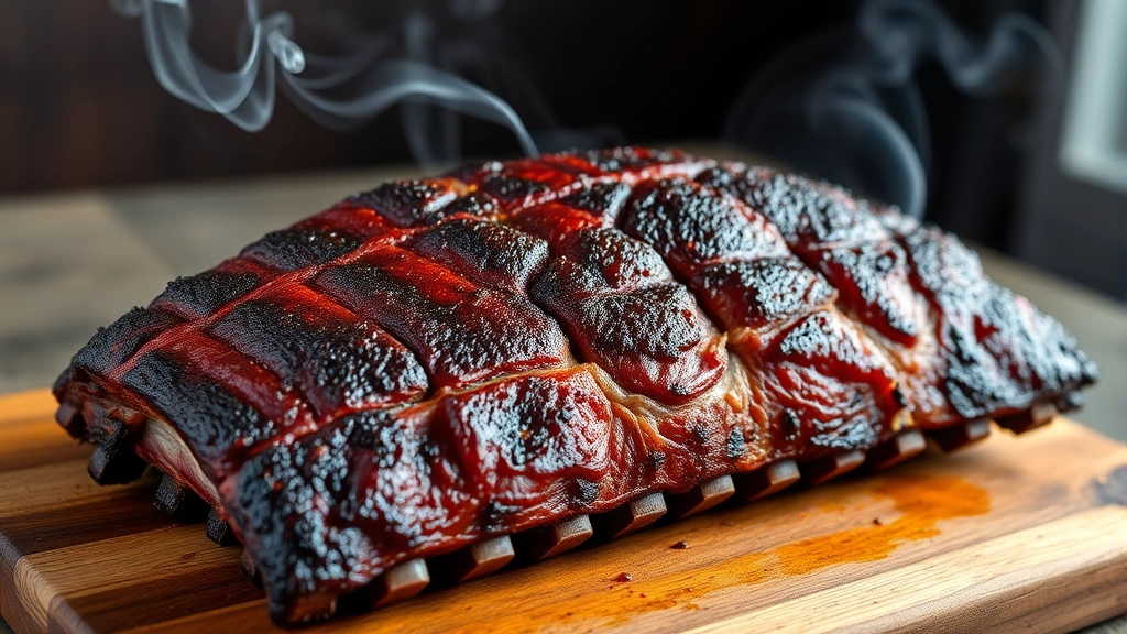Finished smoked ribs with a dark mahogany bark, glistening with rendered fat, displayed on a wooden serving board with smoke still curling in the background, professional food photography style