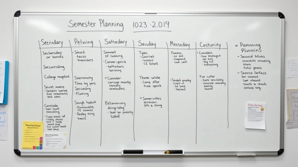 Organized college course schedule written on a whiteboard with calendar and planning materials, showing semester planning and course organization