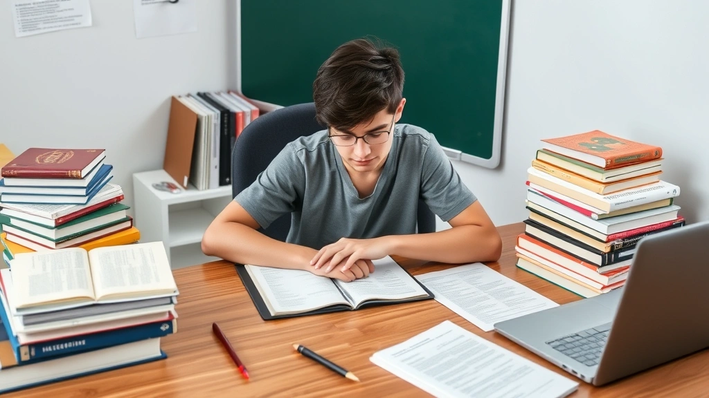 Student studying at desk surrounded by textbooks, laptop, and notes, representing coursework and credit hour commitment outside the classroom