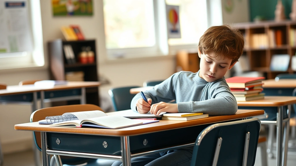High school student sitting at desk with textbooks, notebooks, and study materials spread out, natural classroom lighting, focused expression studying course materials
