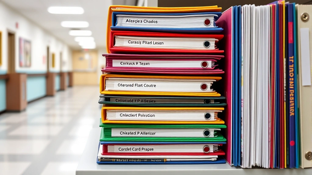 Stack of colorful academic folders and binders organized on a shelf, with course titles visible on spines, clean school hallway background, organized learning environment